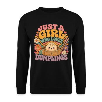 Nur ein Mädchen, das Dumplings liebt | Vintage Kawaii - Unisex Pullover - Schwarz - Vorne - Alina (178cm) & Michal (187cm)