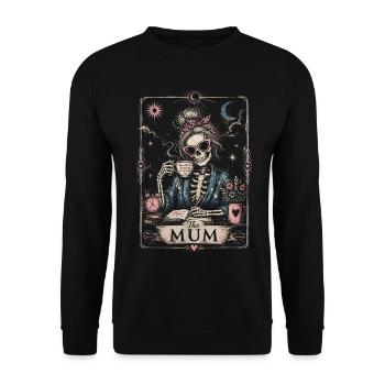 Mum Mode angetrieben von Tee und Chaos Vintage-Tarot - Unisex Pullover - Schwarz - Vorne - Alina (178cm) & Michal (187cm)