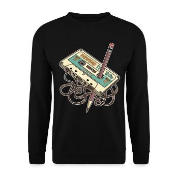 Rewind 80er Retro Musik Kassette mit Bleistift - Unisex Pullover - Schwarz - Vorne - Alina (178cm) & Michal (187cm)