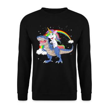Einhornreitender Dinosaurier – lustiges magisches T-Rex-Geschenk - Unisex Pullover - Schwarz - Vorne - Alina (178cm) & Michal (187cm)