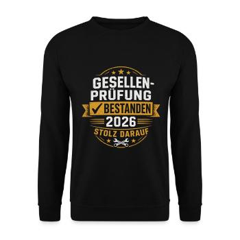 Gesellenprüfung Bestanden 2026 Stolz Darauf - Unisex Pullover - Schwarz - Vorne - Alina (178cm) & Michal (187cm)