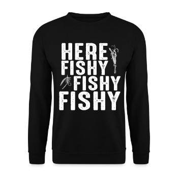 Hier Fischiger Fischiger Angelhumor - Unisex Pullover - Schwarz - Vorne - Alina (178cm) & Michal (187cm)