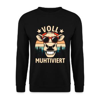 Voll Muhtiviert | Coole Retro Kuh Wortspiel - Unisex Pullover - Schwarz - Vorne - Alina (178cm) & Michal (187cm)