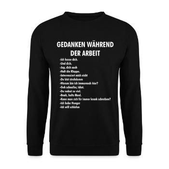 Gedanken während der Arbeit Typo - Unisex Pullover - Schwarz - Vorne - Alina (178cm) & Michal (187cm)