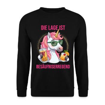 Die Lage ist besäufniserregend lustiger Einhorn - Unisex Pullover - Schwarz - Vorne - Alina (178cm) & Michal (187cm)