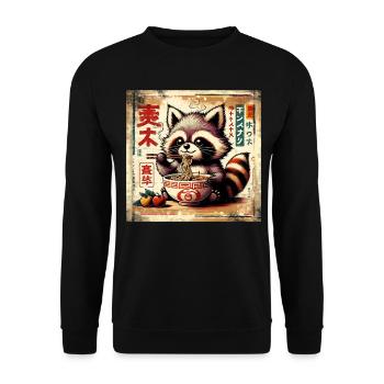 Waschbär Ramen Vintage Poster Style - Unisex Pullover - Schwarz - Vorne - Alina (178cm) & Michal (187cm)
