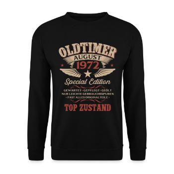 54. Geburtstag Geschenk Mann Oldtimer 1972 August - Unisex Pullover - Schwarz - Vorne - Alina (178cm) & Michal (187cm)