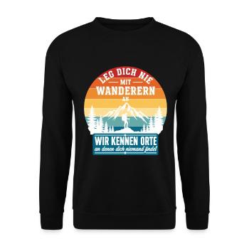 Leg Dich Nie Mit Wanderern An Retro - Unisex Pullover - Schwarz - Vorne - Alina (178cm) & Michal (187cm)