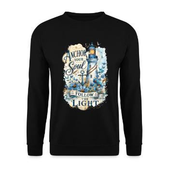 Anchor Your Soul – Leuchtturm Aquarell - Unisex Pullover - Schwarz - Vorne - Alina (178cm) & Michal (187cm)