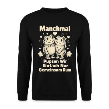 Lustiger Spruch Für Pärchen Furzen Pupsen Rum - Unisex Pullover - Schwarz - Vorne - Alina (178cm) & Michal (187cm)