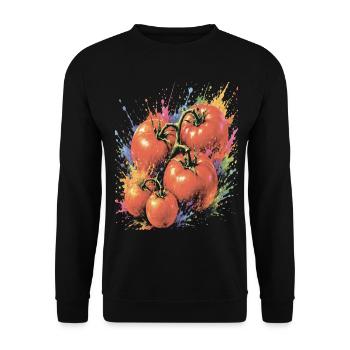Tomato on the Vine, mehrfarbiges Gemüse, Splash Art - Unisex Pullover - Schwarz - Vorne - Alina (178cm) & Michal (187cm)