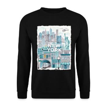 New York City Watercolor Skyline - Unisex Pullover - Schwarz - Vorne - Alina (178cm) & Michal (187cm)
