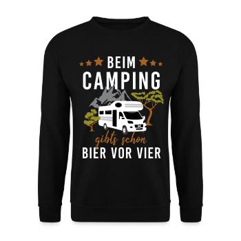Beim Camping – Bier vor Vier! Wohnwagen - Unisex Pullover - Schwarz - Vorne - Alina (178cm) & Michal (187cm)