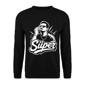 Süper Script Wortmarke Jugendwort - Unisex Pullover - Schwarz - Vorne - Alina (178cm) & Michal (187cm)