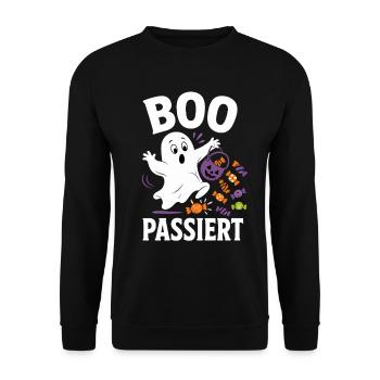 Boo passiert – Halloween-Geist mit Bonbons - Unisex Pullover - Schwarz - Vorne - Alina (178cm) & Michal (187cm)