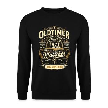 55. Geburtstag Geschenk Mann Vintage Oldtimer 1971 - Unisex Pullover - Schwarz - Vorne - Alina (178cm) & Michal (187cm)