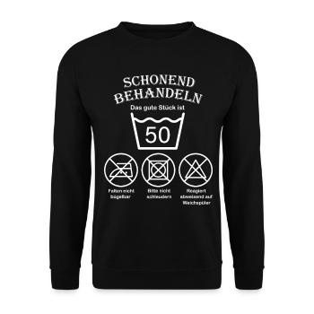 Die Wäsche bitte schonend behandeln 50 Geburtstag - Unisex Pullover - Schwarz - Vorne - Alina (178cm) & Michal (187cm)