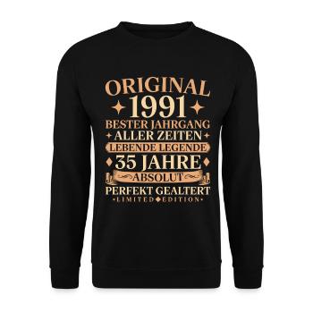 Baujahr 1991 geboren 35. Geburtstag Vintage - Unisex Pullover - Schwarz - Vorne - Alina (178cm) & Michal (187cm)