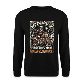 Unterschätze nie einen alten Mann mit Motorrad - Unisex Pullover - Schwarz - Vorne - Alina (178cm) & Michal (187cm)