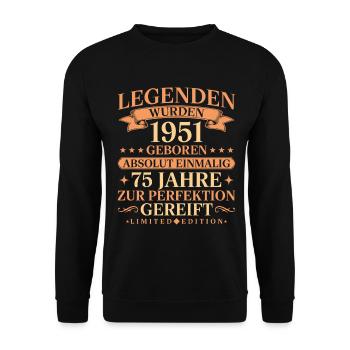 1951 Jahrgang geboren Legenden 75. Geburtstag - Unisex Pullover - Schwarz - Vorne - Alina (178cm) & Michal (187cm)