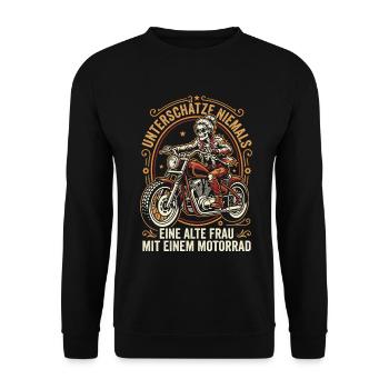 Unterschätze nie eine alte Frau mit Motorrad - Unisex Pullover - Schwarz - Vorne - Alina (178cm) & Michal (187cm)