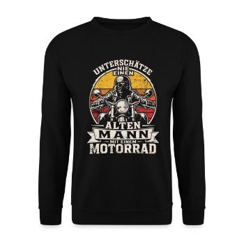 Unterschätze nie einen alten Mann mit Motorrad - Unisex Pullover - Schwarz - Vorne - Alina (178cm) & Michal (187cm)