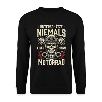 Unterschätze NIEMALS Mann mit Motorrad - Unisex Pullover - Schwarz - Vorne - Alina (178cm) & Michal (187cm)