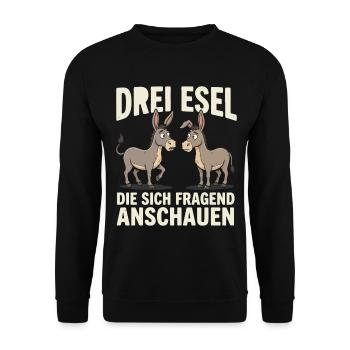 DREI Esel die Sich fragend anschauen - Unisex Pullover - Schwarz - Vorne - Alina (178cm) & Michal (187cm)