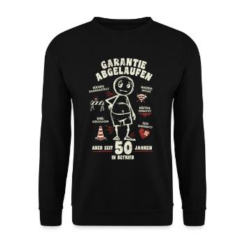 50 Jahre | Garantie abgelaufen | lustiger Cartoon - Unisex Pullover - Schwarz - Vorne - Alina (178cm) & Michal (187cm)