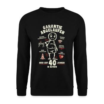 40 Jahre | Garantie abgelaufen | lustiger Cartoon - Unisex Pullover - Schwarz - Vorne - Alina (178cm) & Michal (187cm)