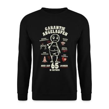 65 Jahre | Garantie abgelaufen | lustiger Cartoon - Unisex Pullover - Schwarz - Vorne - Alina (178cm) & Michal (187cm)