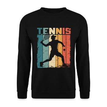 Retro Tennis Design Tennisspieler Spielt Vorhand - Unisex Pullover - Schwarz - Vorne - Alina (178cm) & Michal (187cm)