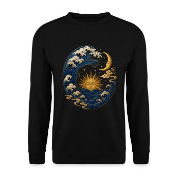 Japanische Welle mit Sonne und Mond - Unisex Pullover - Schwarz - Vorne - Alina (178cm) & Michal (187cm)