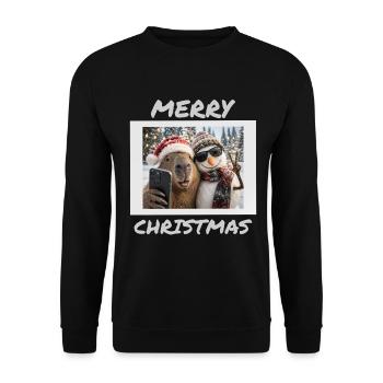 Capybara Weihnachten Schneemann Winterfreunde - Unisex Pullover - Schwarz - Vorne - Alina (178cm) & Michal (187cm)