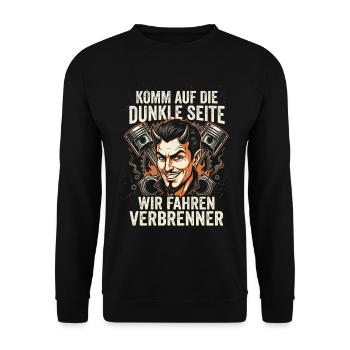 Komm auf die dunkle Seite, wir fahren Verbrenner - Unisex Pullover - Schwarz - Vorne - Alina (178cm) & Michal (187cm)