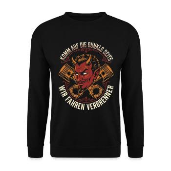 Komm auf die dunkle Seite, wir fahren Verbrenner - Unisex Pullover - Schwarz - Vorne - Alina (178cm) & Michal (187cm)