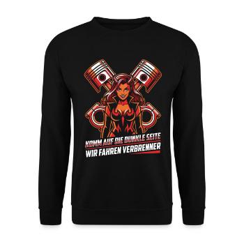 Komm auf die dunkle Seite, wir fahren Verbrenner - Unisex Pullover - Schwarz - Vorne - Alina (178cm) & Michal (187cm)