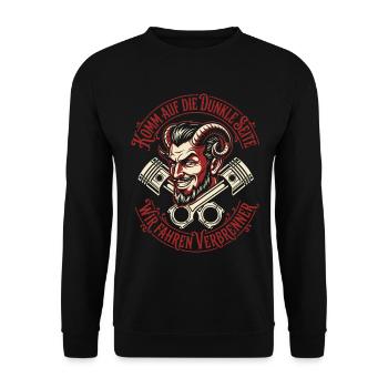 Komm auf die dunkle Seite, wir fahren Verbrenner - Unisex Pullover - Schwarz - Vorne - Alina (178cm) & Michal (187cm)