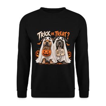 American Bully Halloween Spooky Hund Kostüm - Unisex Pullover - Schwarz - Vorne - Alina (178cm) & Michal (187cm)