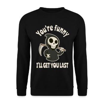 Sensenmann mit Humor - Unisex Pullover - Schwarz - Vorne - Alina (178cm) & Michal (187cm)