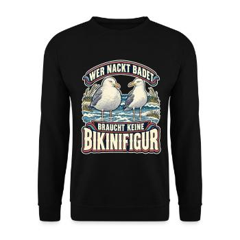 Wer nackt badet Bikinifigur Möwe - Unisex Pullover - Schwarz - Vorne - Alina (178cm) & Michal (187cm)