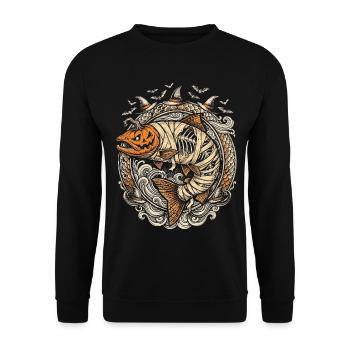 Fisch Halloween Mumie Kürbis - Unisex Pullover - Schwarz - Vorne - Alina (178cm) & Michal (187cm)