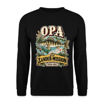 Opa Zander Angeln Mission Geschenk Shirt - Unisex Pullover - Schwarz - Vorne - Alina (178cm) & Michal (187cm)
