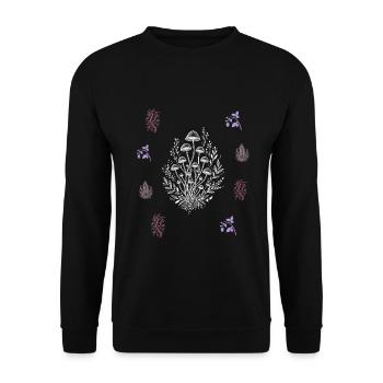 Pilze & Blütenzweig - Botanische Kunst - Unisex Pullover - Schwarz - Vorne - Alina (178cm) & Michal (187cm)