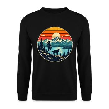 Wandern mit Hund – Wanderin Berge Retro - Unisex Pullover - Schwarz - Vorne - Alina (178cm) & Michal (187cm)