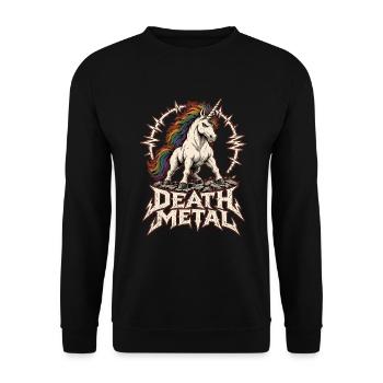 Death Metal Einhorn – Heavy Metal Regenbogen - Unisex Pullover - Schwarz - Vorne - Alina (178cm) & Michal (187cm)
