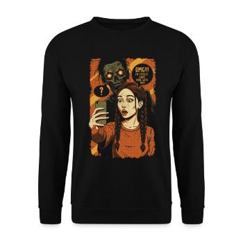 Zombie-Selfie mit Grusel-Girl - Unisex Pullover - Schwarz - Vorne - Alina (178cm) & Michal (187cm)