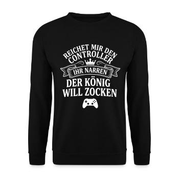Der König will zocken | Controller | Gamer - Unisex Pullover - Schwarz - Vorne - Alina (178cm) & Michal (187cm)