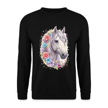 Blumiger Pferdekopf Pastell - Unisex Pullover - Schwarz - Vorne - Alina (178cm) & Michal (187cm)