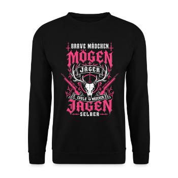 Coole Mädchen Jagen Selber Jägerin - Unisex Pullover - Schwarz - Vorne - Alina (178cm) & Michal (187cm)